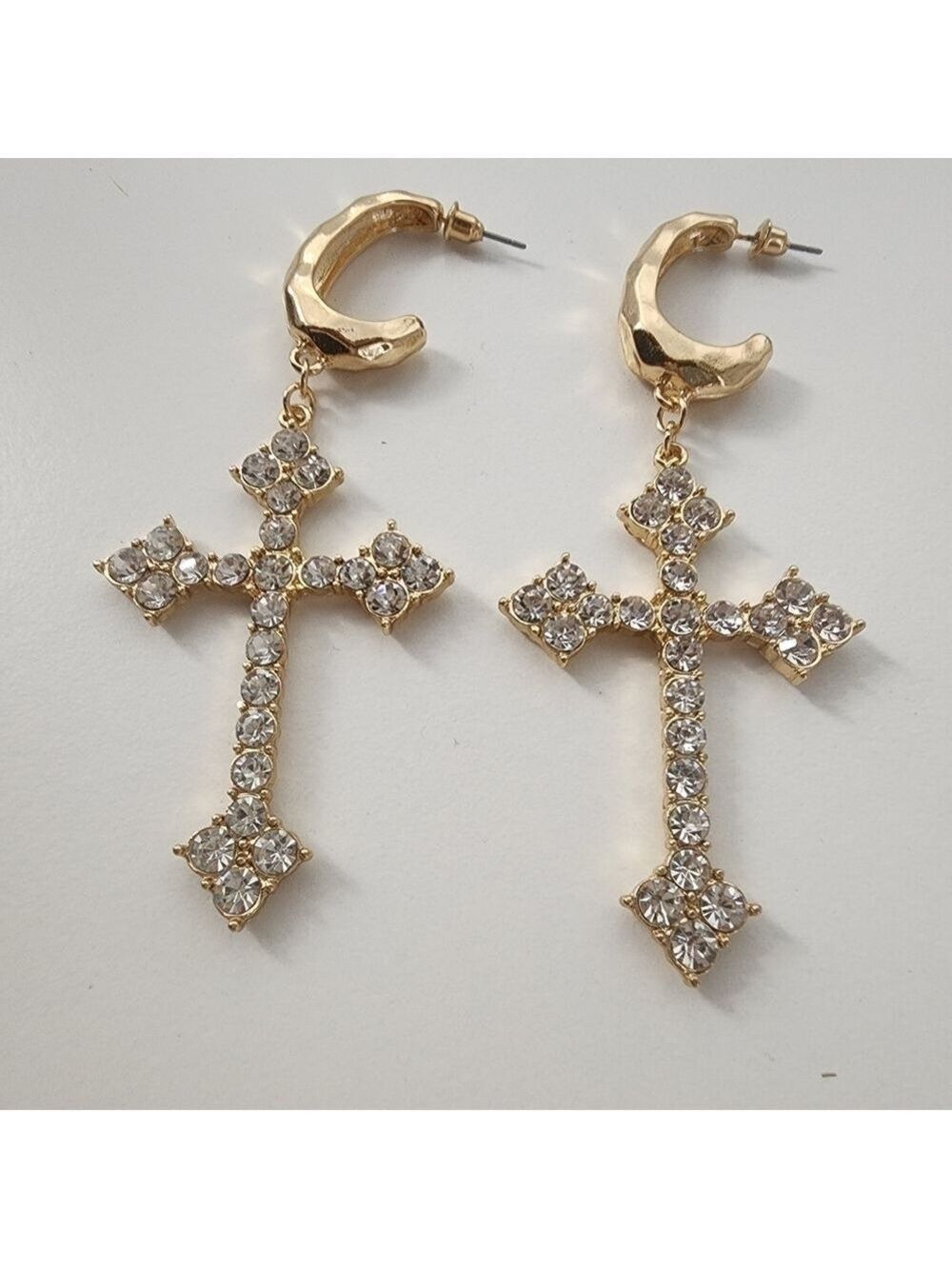 NEW Golden Embellished Statement Cross Hoop Earrings - Picture 6 of 8